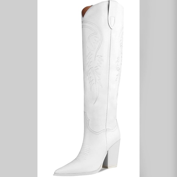 Country Cowboy cowgirl white knee high heels block boots - Picture 2 of 16